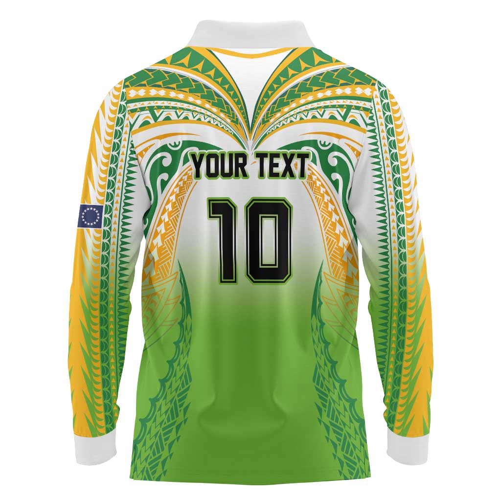 Custom Cook Islands Rugby League Long Sleeve Polo Shirt Avaiki Tatau Tribal Motifs White Color - Polynesian Pride