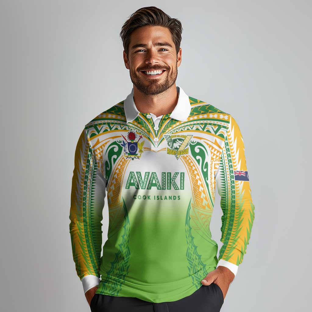 Custom Cook Islands Rugby League Long Sleeve Polo Shirt Avaiki Tatau Tribal Motifs White Color - Polynesian Pride