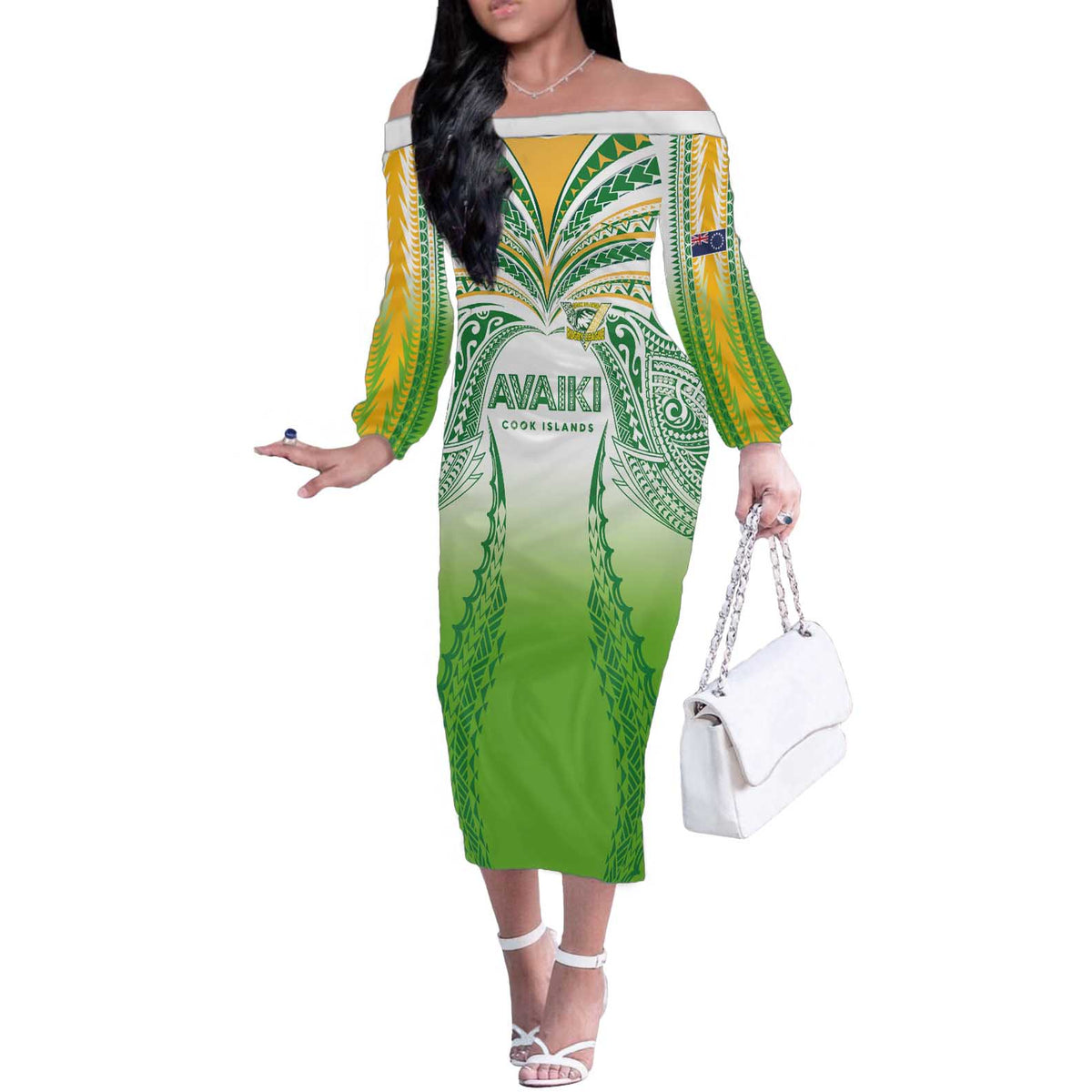 Custom Cook Islands Rugby League Off The Shoulder Long Sleeve Dress Avaiki Tatau Tribal Motifs White Color - Polynesian Pride