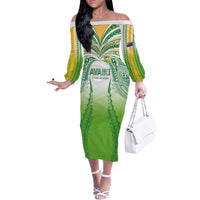 Custom Cook Islands Rugby League Off The Shoulder Long Sleeve Dress Avaiki Tatau Tribal Motifs White Color - Polynesian Pride