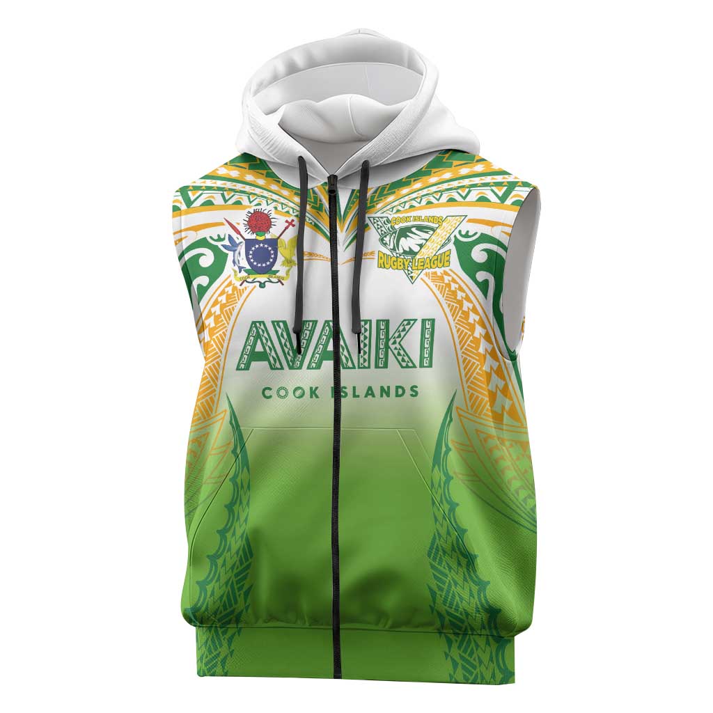 Custom Cook Islands Rugby League Sleeveless Zip Hoodie Avaiki Tatau Tribal Motifs White Color - Polynesian Pride