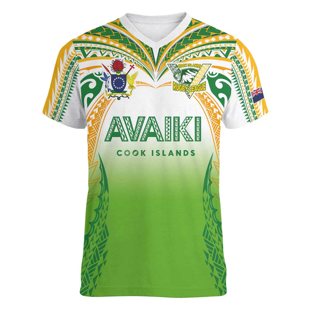 Custom Cook Islands Rugby League Women V-Neck T-Shirt Avaiki Tatau Tribal Motifs White Color - Polynesian Pride
