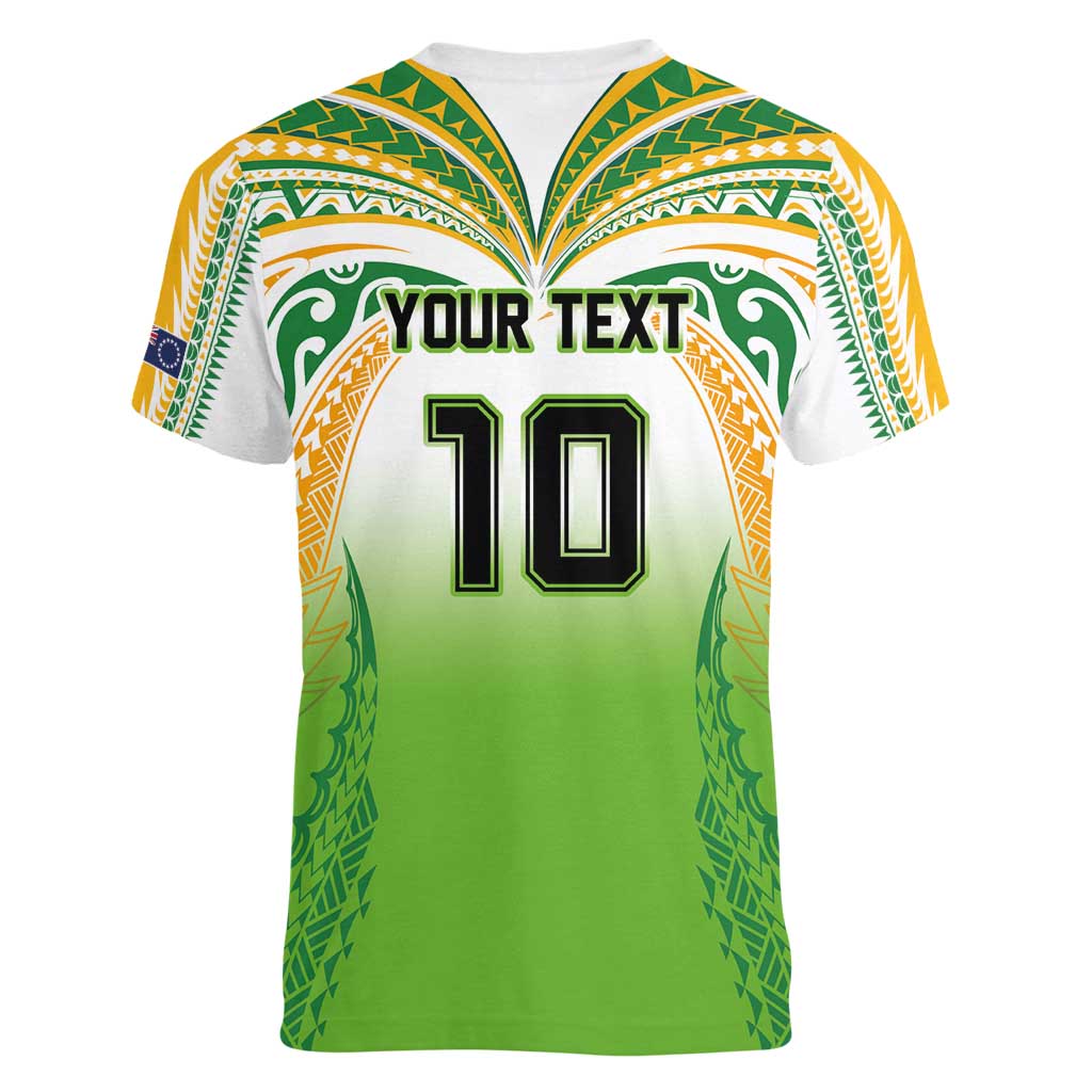 Custom Cook Islands Rugby League Women V-Neck T-Shirt Avaiki Tatau Tribal Motifs White Color - Polynesian Pride