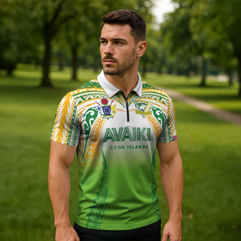 Custom Cook Islands Rugby League Zipper Polo Shirt Avaiki Tatau Tribal Motifs White Color - Polynesian Pride