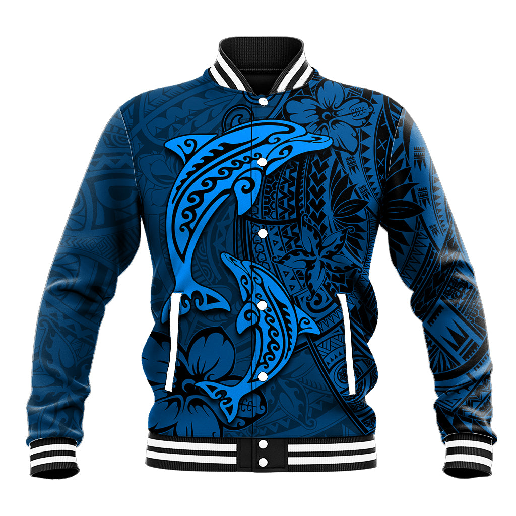 Polynesian Dolphin Valentine Day Baseball Jacket Hibiscus and Tribal Tattoo Blue Style LT03 Unisex Blue - Polynesian Pride