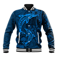 Polynesian Dolphin Valentine Day Baseball Jacket Hibiscus and Tribal Tattoo Blue Style LT03 Unisex Blue - Polynesian Pride