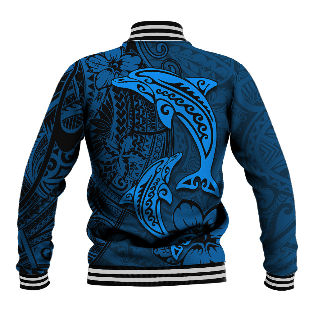 Polynesian Dolphin Valentine Day Baseball Jacket Hibiscus and Tribal Tattoo Blue Style LT03 - Polynesian Pride