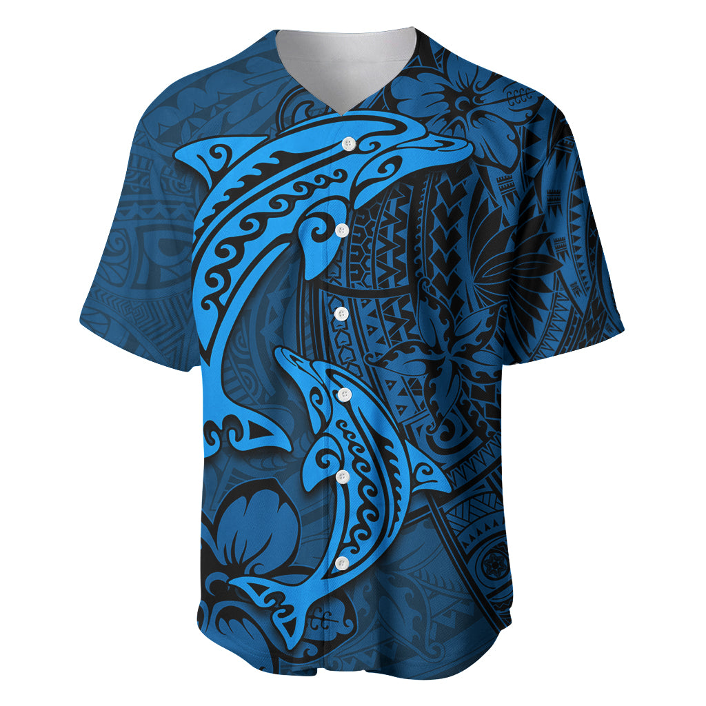 Polynesian Dolphin Valentine Day Baseball Jersey Hibiscus and Tribal Tattoo Blue Style LT03 Blue - Polynesian Pride