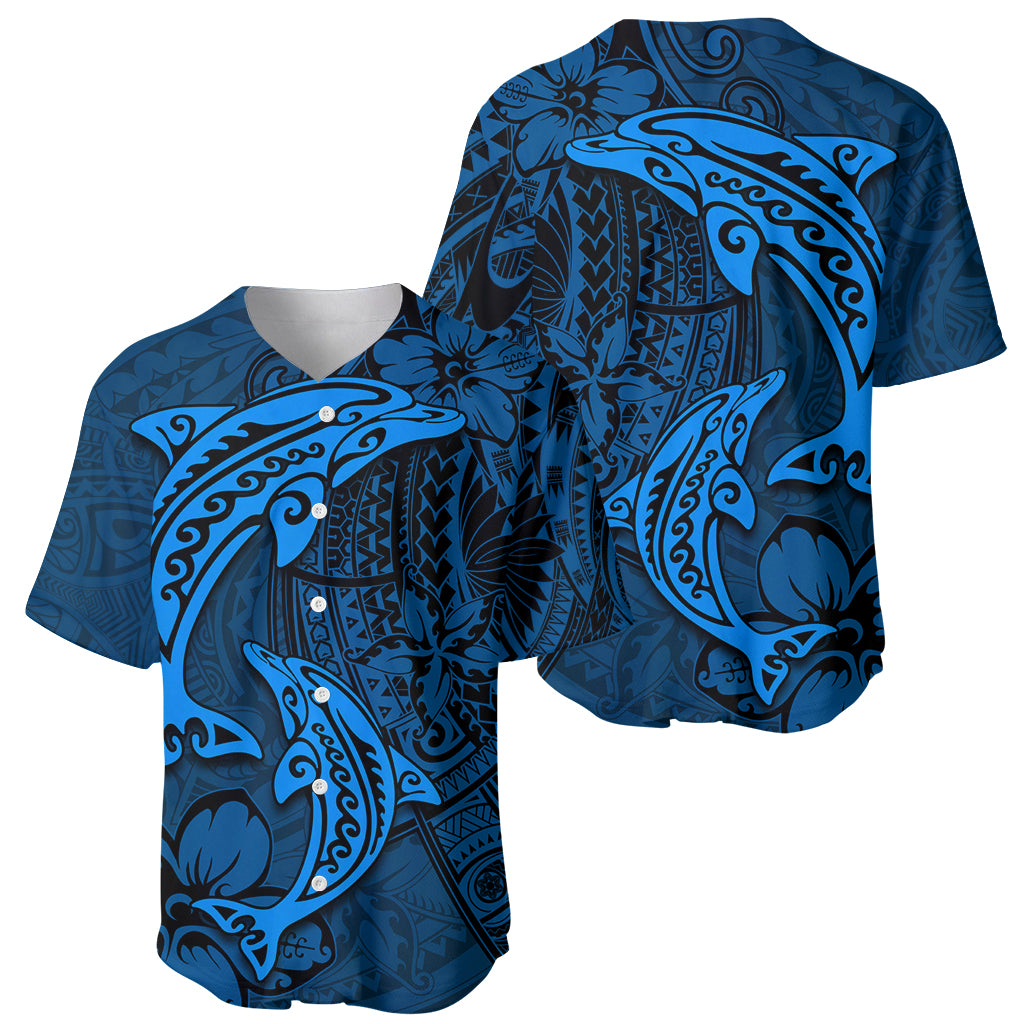 Polynesian Dolphin Valentine Day Baseball Jersey Hibiscus and Tribal Tattoo Blue Style LT03 - Polynesian Pride