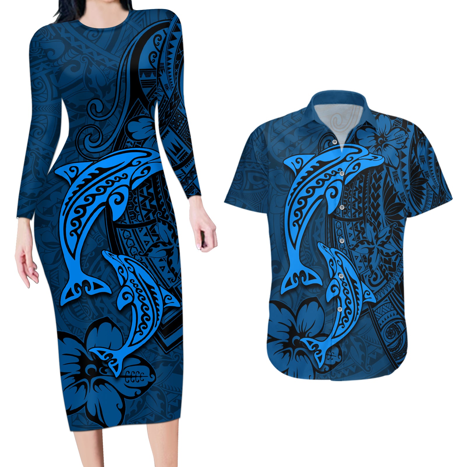 Polynesian Dolphin Valentine Day Couples Matching Long Sleeve Bodycon Dress and Hawaiian Shirt Hibiscus and Tribal Tattoo Blue Style LT03 Blue - Polynesian Pride