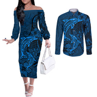 Polynesian Dolphin Valentine Day Couples Matching Off The Shoulder Long Sleeve Dress and Long Sleeve Button Shirt Hibiscus and Tribal Tattoo Blue Style LT03 Blue - Polynesian Pride