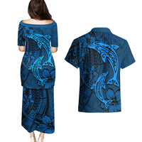 Polynesian Dolphin Valentine Day Couples Matching Puletasi and Hawaiian Shirt Hibiscus and Tribal Tattoo Blue Style LT03 - Polynesian Pride
