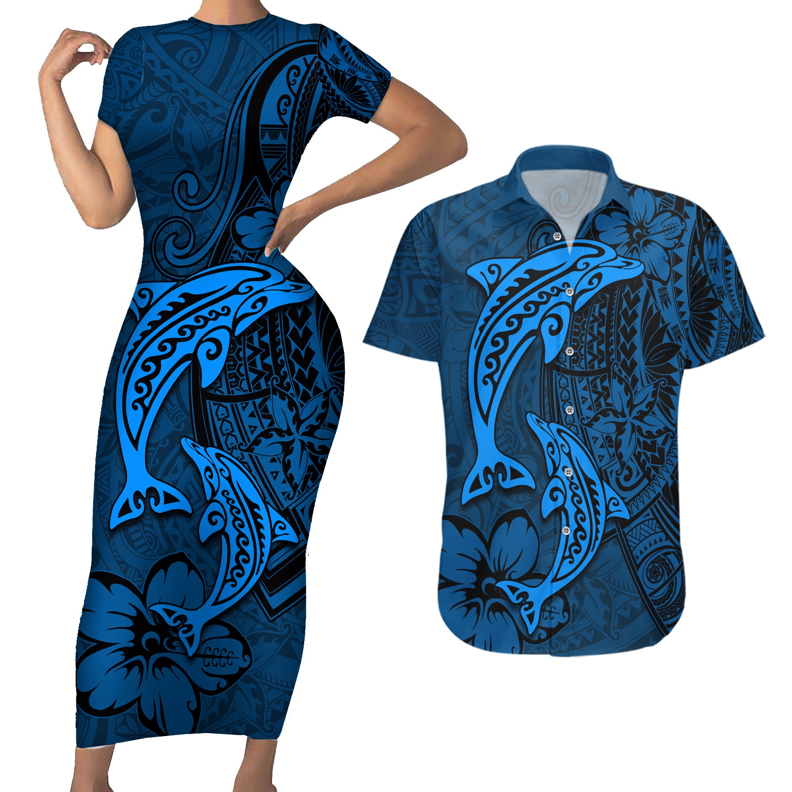 Polynesian Dolphin Valentine Day Couples Matching Short Sleeve Bodycon Dress and Hawaiian Shirt Hibiscus and Tribal Tattoo Blue Style LT03 Blue - Polynesian Pride