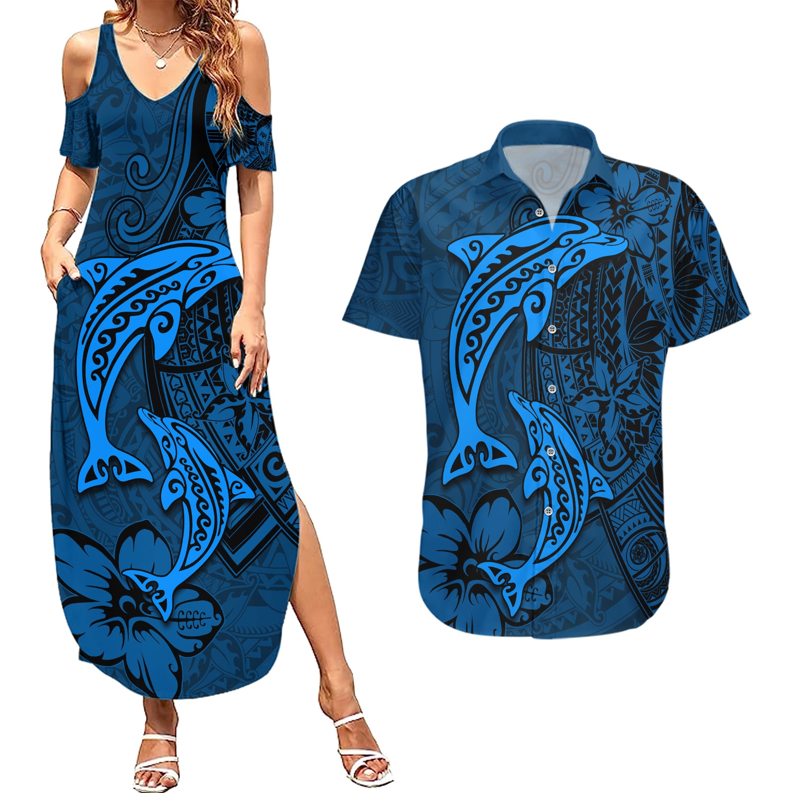 Polynesian Dolphin Valentine Day Couples Matching Summer Maxi Dress and Hawaiian Shirt Hibiscus and Tribal Tattoo Blue Style LT03 Blue - Polynesian Pride