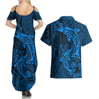 Polynesian Dolphin Valentine Day Couples Matching Summer Maxi Dress and Hawaiian Shirt Hibiscus and Tribal Tattoo Blue Style LT03 - Polynesian Pride