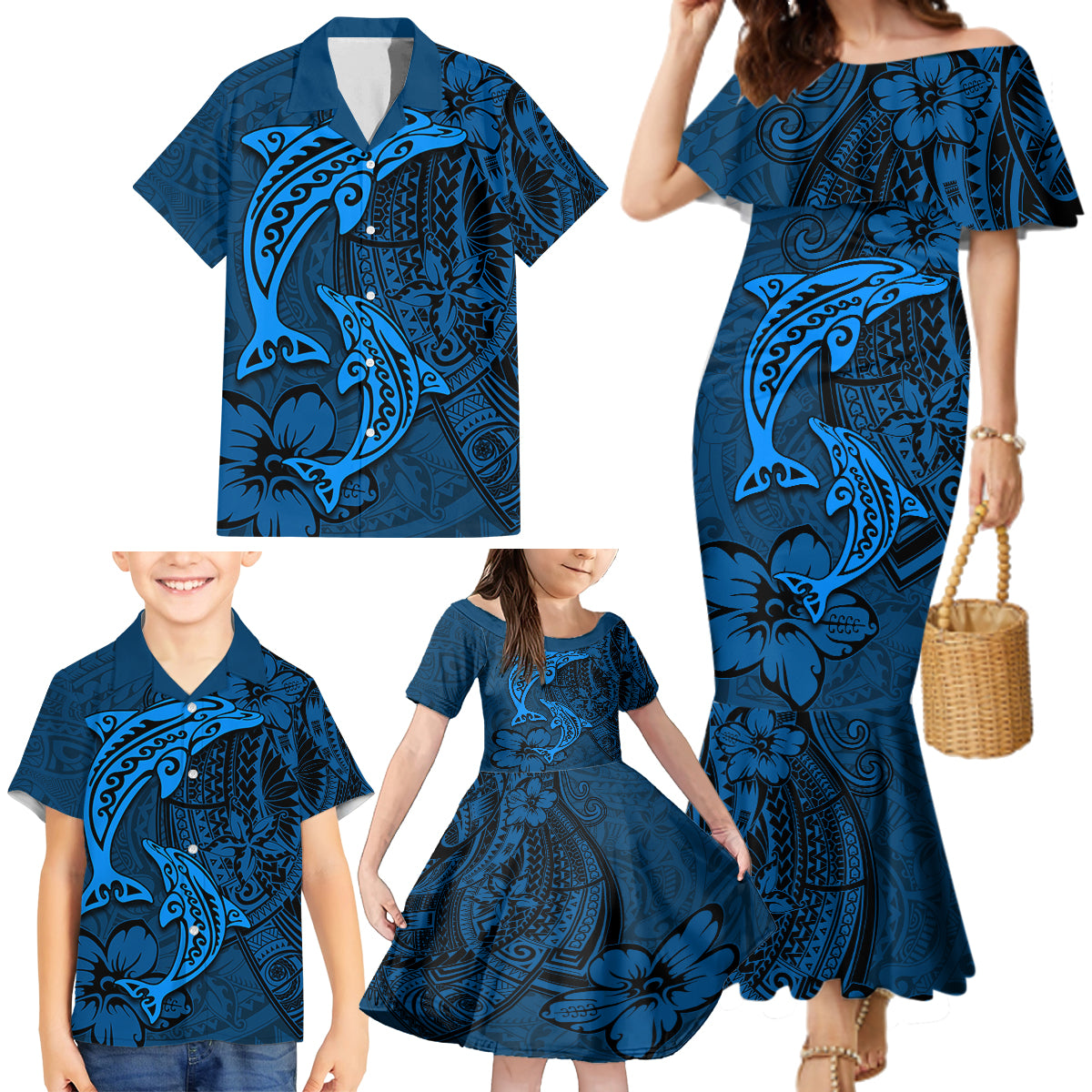 Polynesian Dolphin Valentine Day Family Matching Mermaid Dress and Hawaiian Shirt Hibiscus and Tribal Tattoo Blue Style LT03 - Polynesian Pride