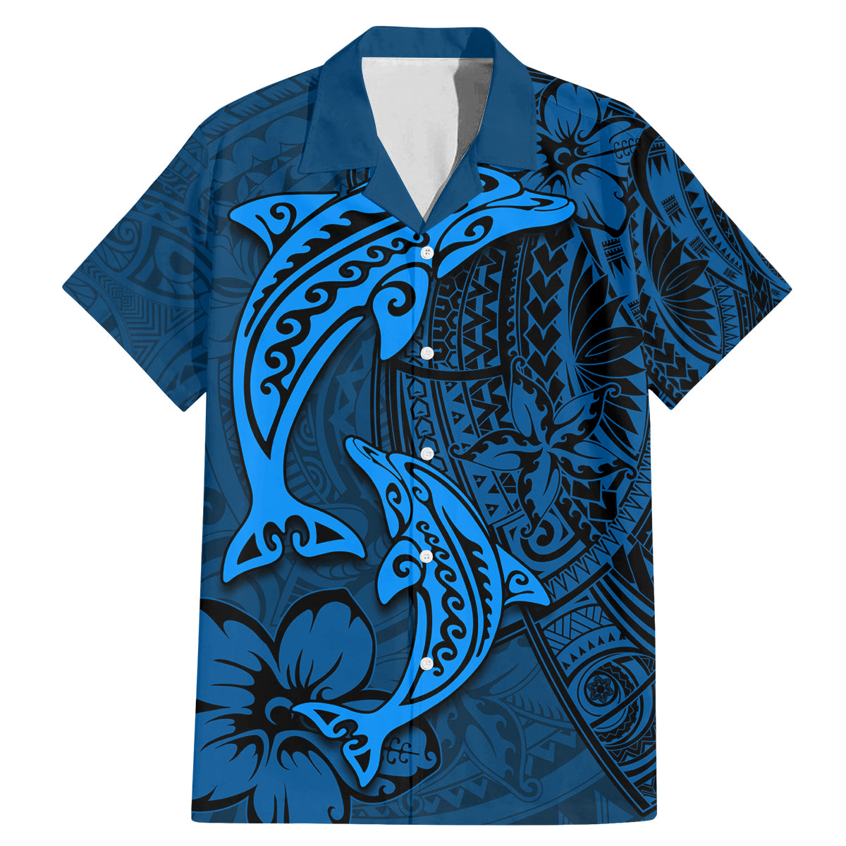 Polynesian Dolphin Valentine Day Family Matching Mermaid Dress and Hawaiian Shirt Hibiscus and Tribal Tattoo Blue Style LT03 Dad's Shirt - Short Sleeve Blue - Polynesian Pride