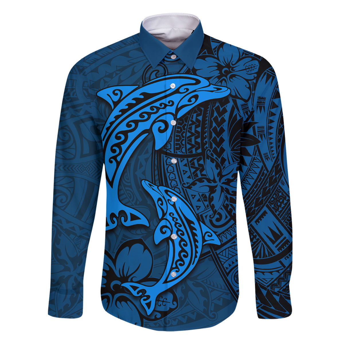Polynesian Dolphin Valentine Day Family Matching Mermaid Dress and Hawaiian Shirt Hibiscus and Tribal Tattoo Blue Style LT03 Dad's Shirt - Long Sleeve Blue - Polynesian Pride