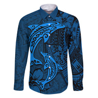 Polynesian Dolphin Valentine Day Family Matching Mermaid Dress and Hawaiian Shirt Hibiscus and Tribal Tattoo Blue Style LT03 Dad's Shirt - Long Sleeve Blue - Polynesian Pride