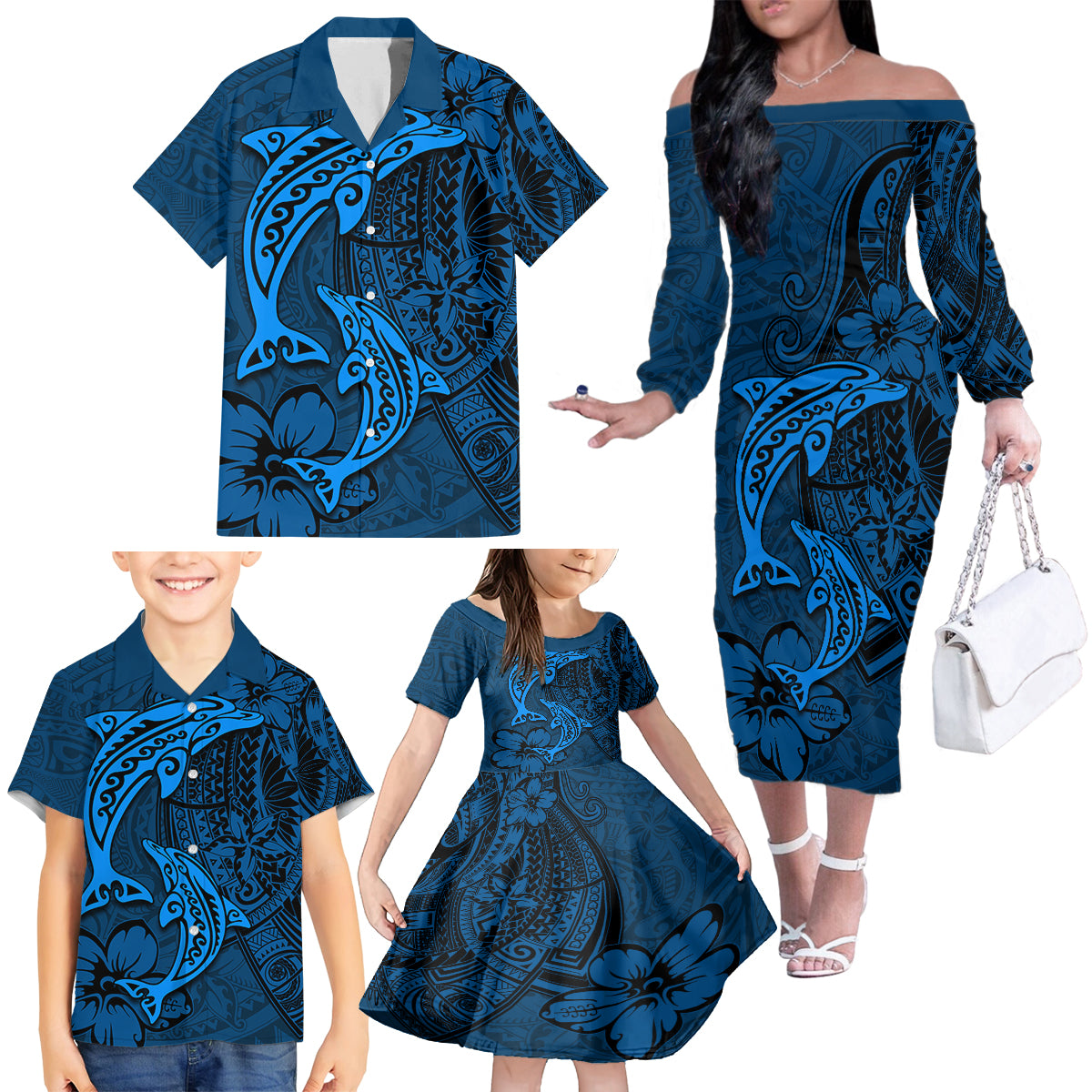 Polynesian Dolphin Valentine Day Family Matching Off Shoulder Long Sleeve Dress and Hawaiian Shirt Hibiscus and Tribal Tattoo Blue Style LT03 - Polynesian Pride