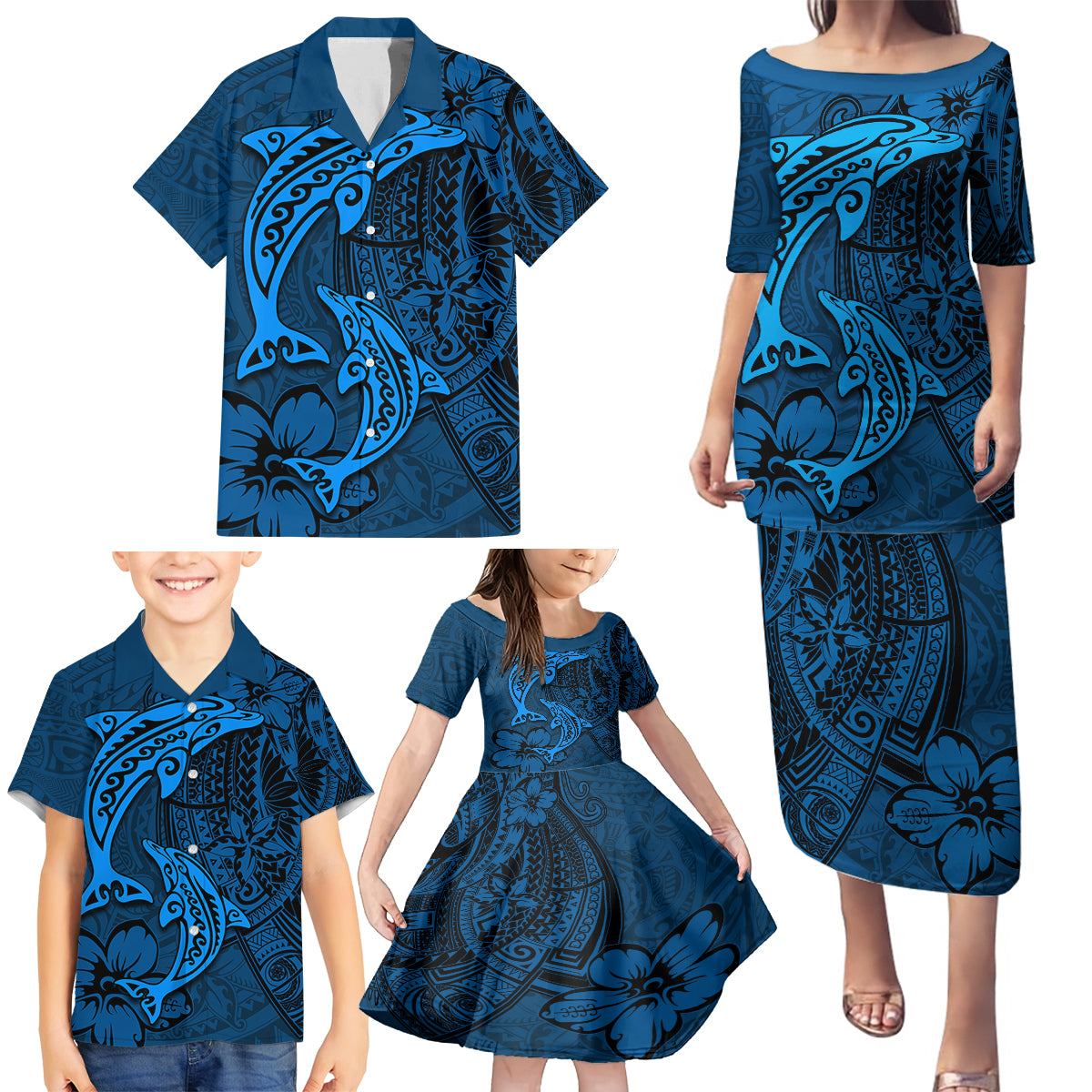 Polynesian Dolphin Valentine Day Family Matching Puletasi and Hawaiian Shirt Hibiscus and Tribal Tattoo Blue Style LT03 - Polynesian Pride