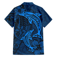 Polynesian Dolphin Valentine Day Family Matching Short Sleeve Bodycon Dress and Hawaiian Shirt Hibiscus and Tribal Tattoo Blue Style LT03 - Polynesian Pride