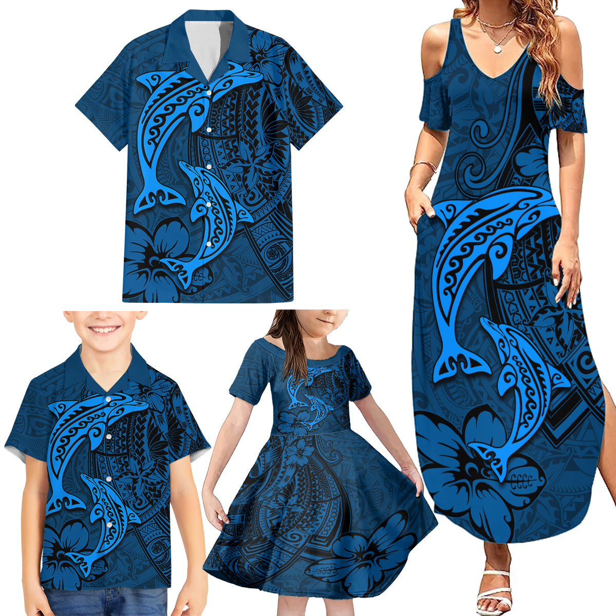 Polynesian Dolphin Valentine Day Family Matching Summer Maxi Dress and Hawaiian Shirt Hibiscus and Tribal Tattoo Blue Style LT03 - Polynesian Pride