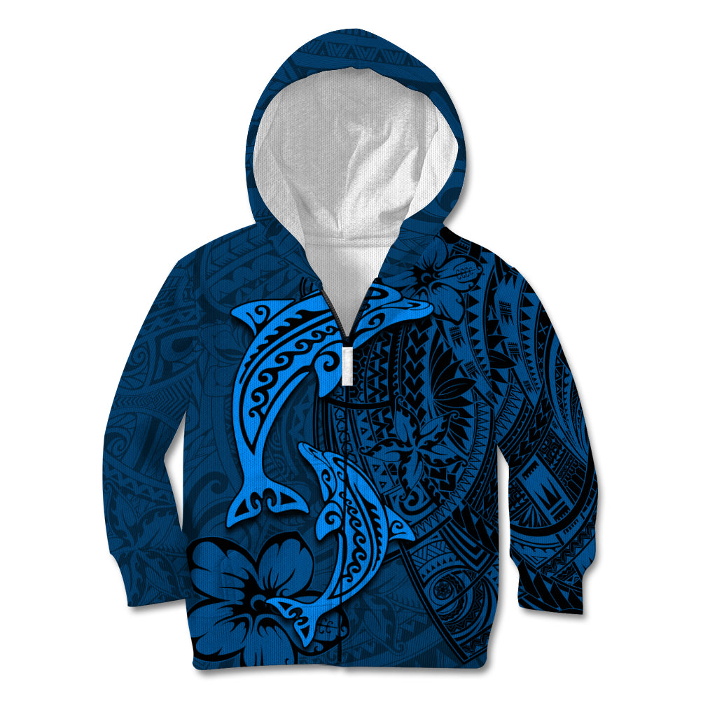 Polynesian Dolphin Valentine Day Kid Hoodie Hibiscus and Tribal Tattoo Blue Style LT03 Zip Hoodie Blue - Polynesian Pride