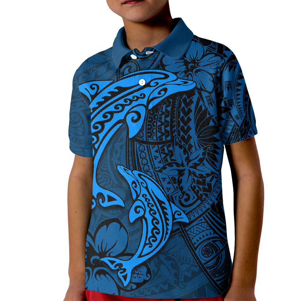 Polynesian Dolphin Valentine Day Kid Polo Shirt Hibiscus and Tribal Tattoo Blue Style LT03 Kid Blue - Polynesian Pride
