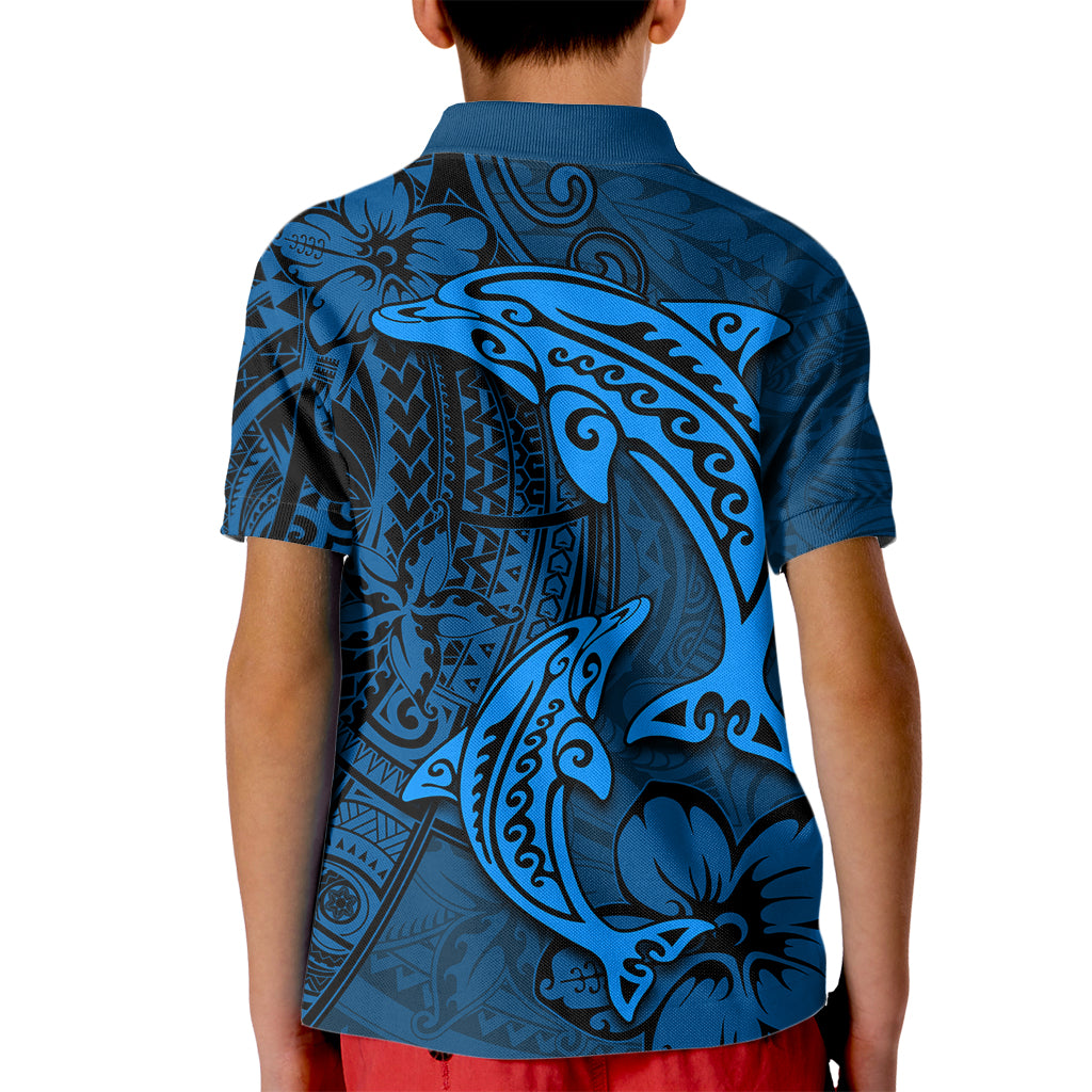 Polynesian Dolphin Valentine Day Kid Polo Shirt Hibiscus and Tribal Tattoo Blue Style LT03 - Polynesian Pride