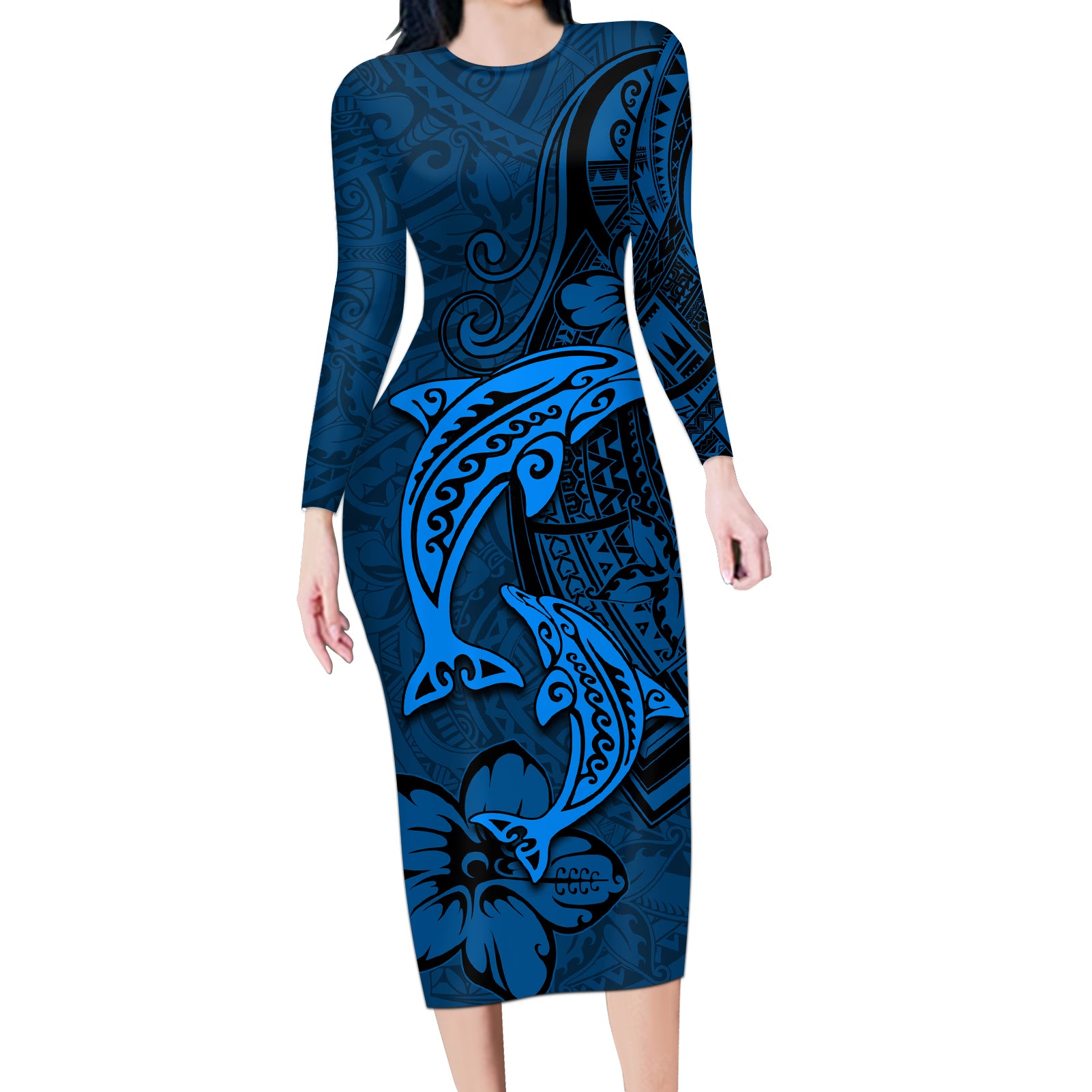 Polynesian Dolphin Valentine Day Long Sleeve Bodycon Dress Hibiscus and Tribal Tattoo Blue Style LT03 Long Dress Blue - Polynesian Pride