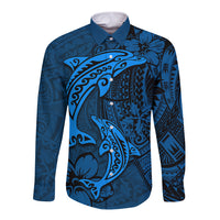 Polynesian Dolphin Valentine Day Long Sleeve Button Shirt Hibiscus and Tribal Tattoo Blue Style LT03 Unisex Blue - Polynesian Pride