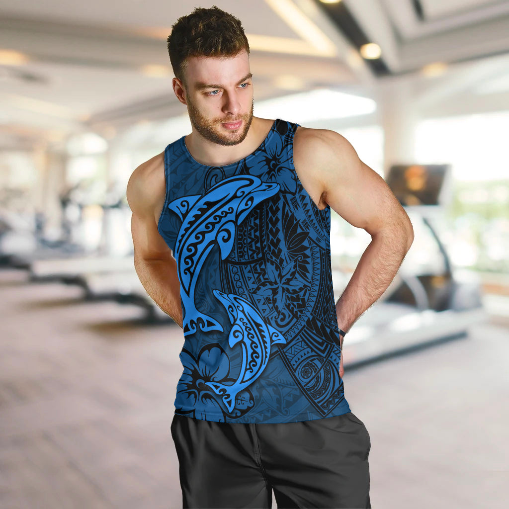 Polynesian Dolphin Valentine Day Men Tank Top Hibiscus and Tribal Tattoo Blue Style LT03 Blue - Polynesian Pride