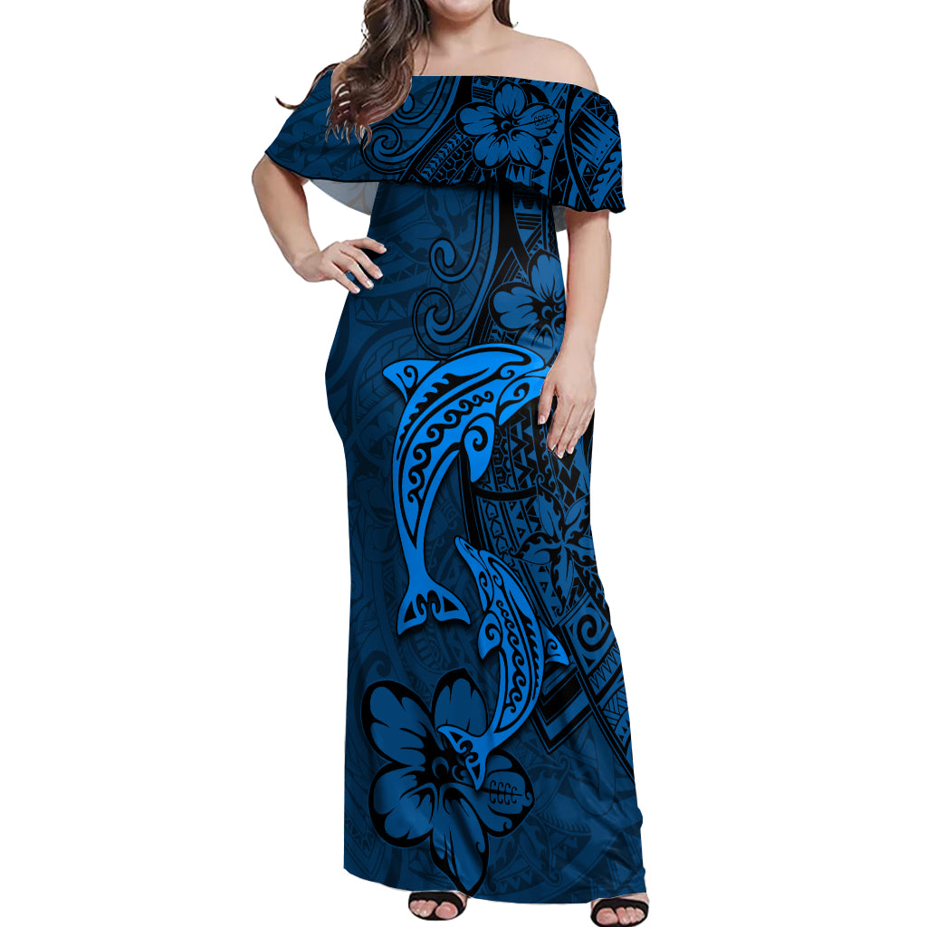 Polynesian Dolphin Valentine Day Off Shoulder Maxi Dress Hibiscus and Tribal Tattoo Blue Style LT03 Women Blue - Polynesian Pride