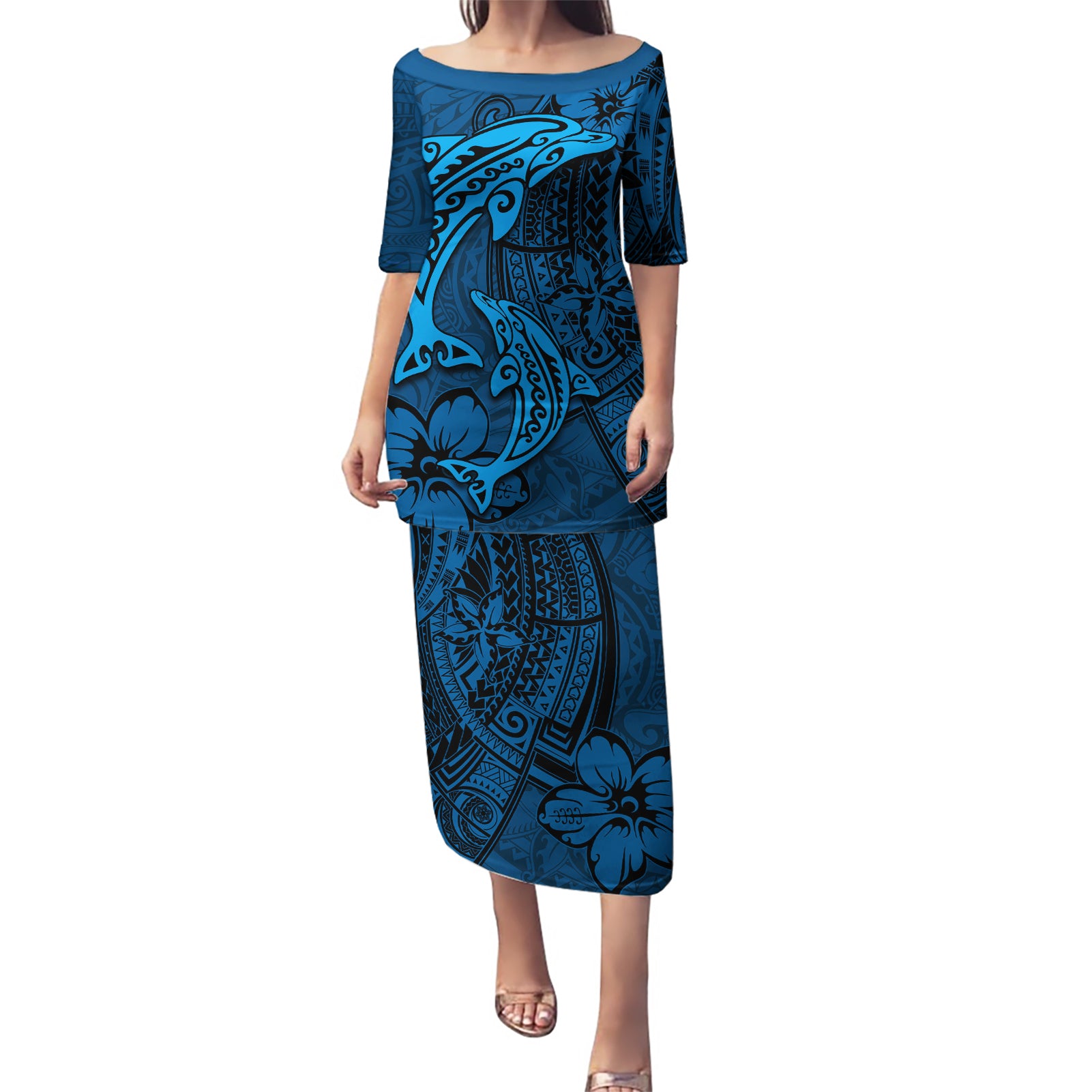 Polynesian Dolphin Valentine Day Puletasi Hibiscus and Tribal Tattoo Blue Style LT03 Long Dress Blue - Polynesian Pride