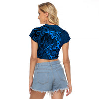 Polynesian Dolphin Valentine Day Raglan Cropped T Shirt Hibiscus and Tribal Tattoo Blue Style LT03 - Polynesian Pride