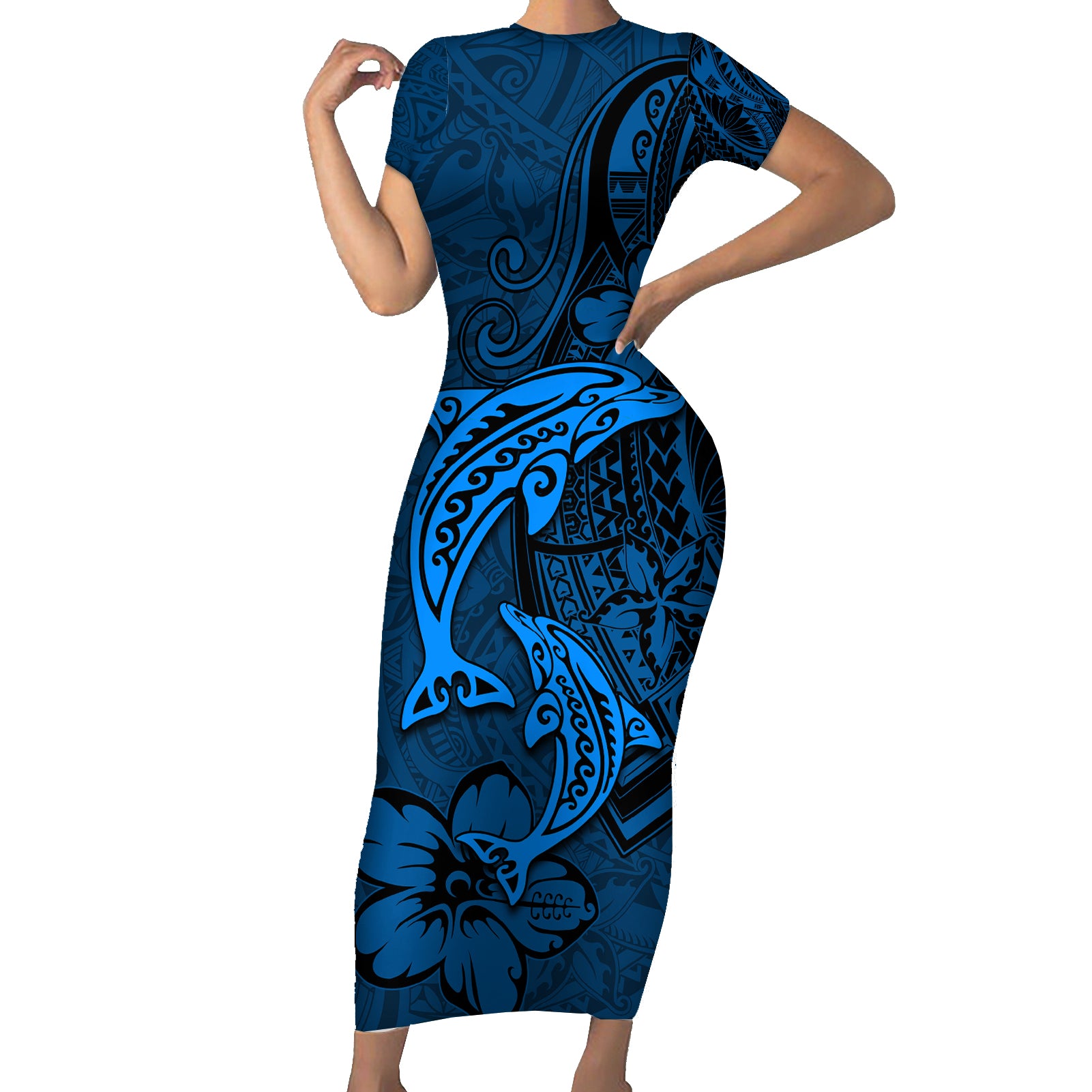 Polynesian Dolphin Valentine Day Short Sleeve Bodycon Dress Hibiscus and Tribal Tattoo Blue Style LT03 Long Dress Blue - Polynesian Pride