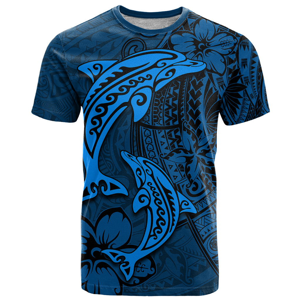 Polynesian Dolphin Valentine Day T Shirt Hibiscus and Tribal Tattoo Blue Style LT03 Blue - Polynesian Pride