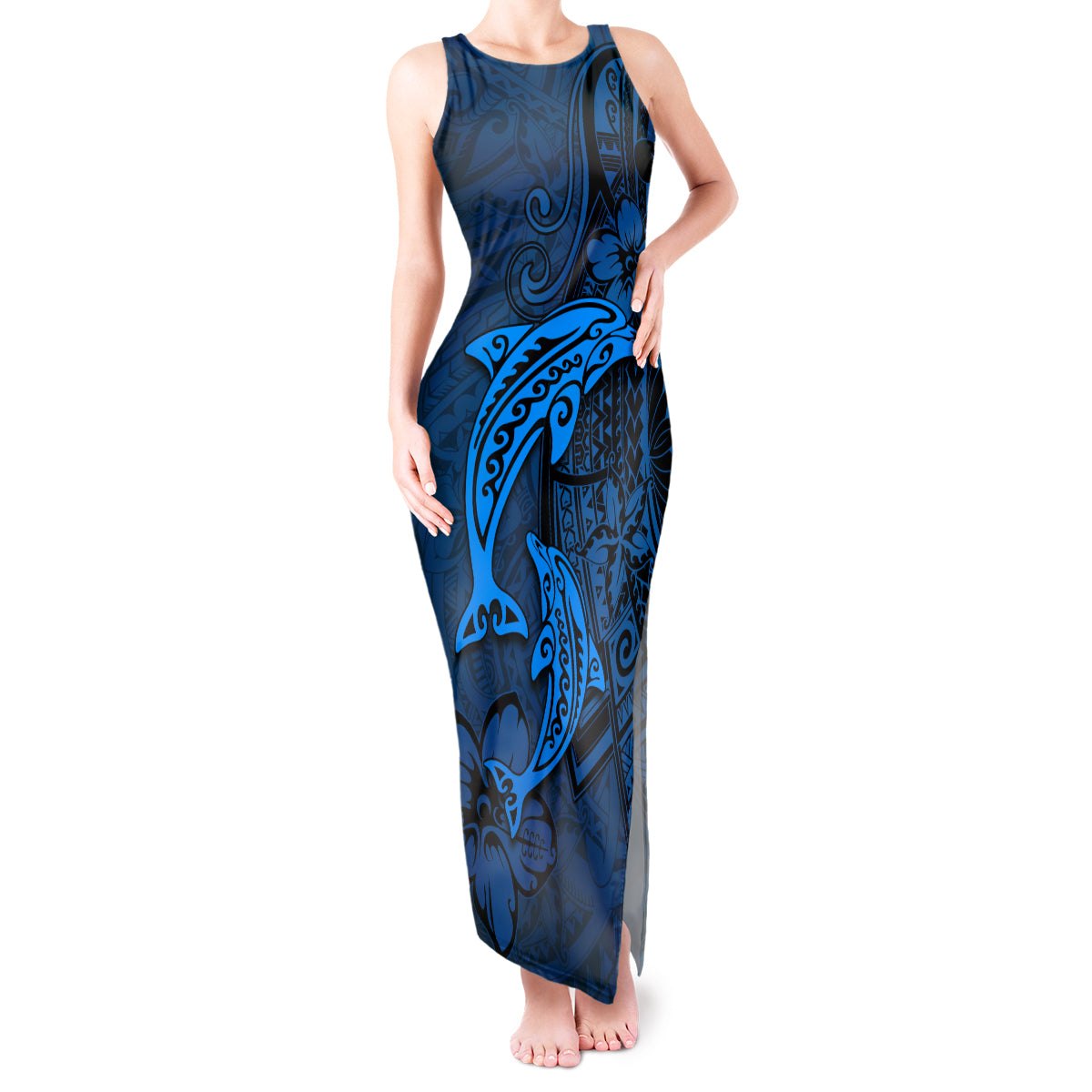 Polynesian Dolphin Valentine Day Tank Maxi Dress Hibiscus and Tribal Tattoo Blue Style LT03 Women Blue - Polynesian Pride