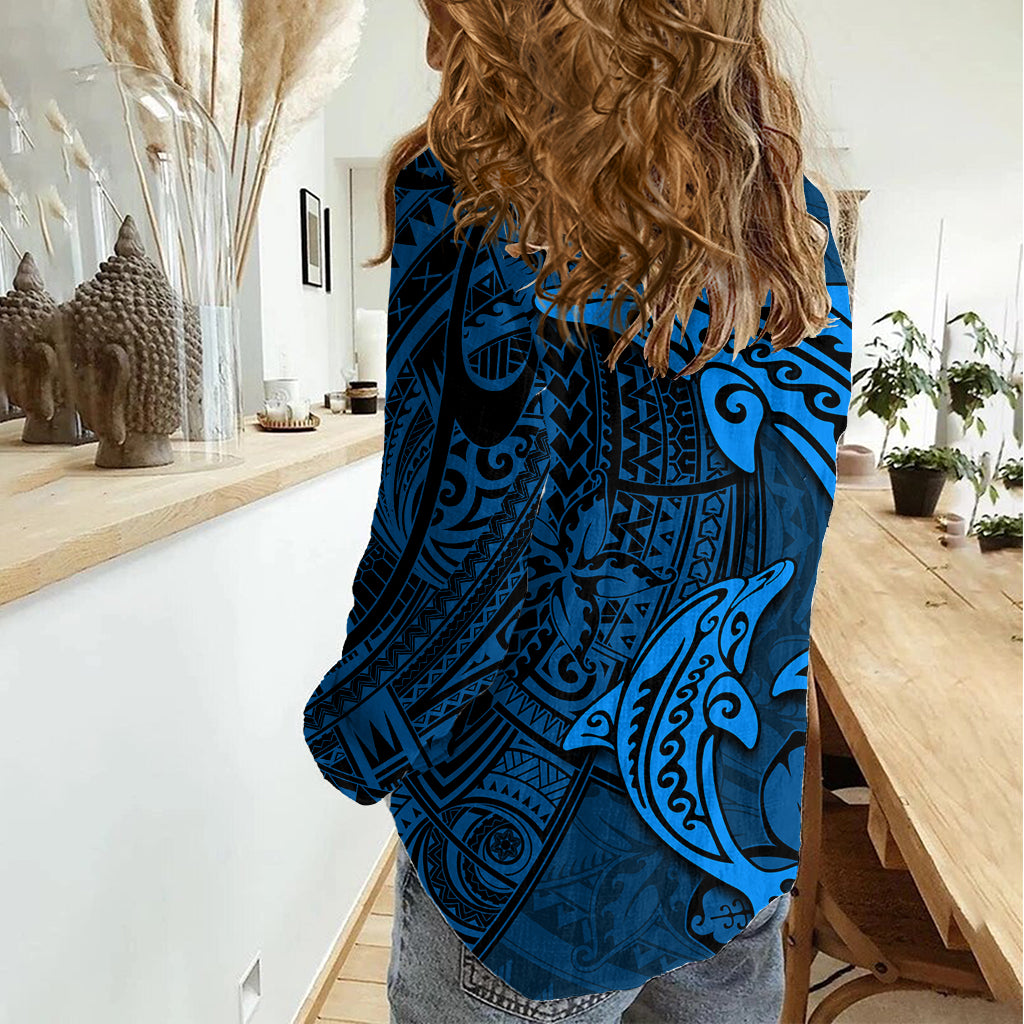 Polynesian Dolphin Valentine Day Women Casual Shirt Hibiscus and Tribal Tattoo Blue Style LT03 - Polynesian Pride