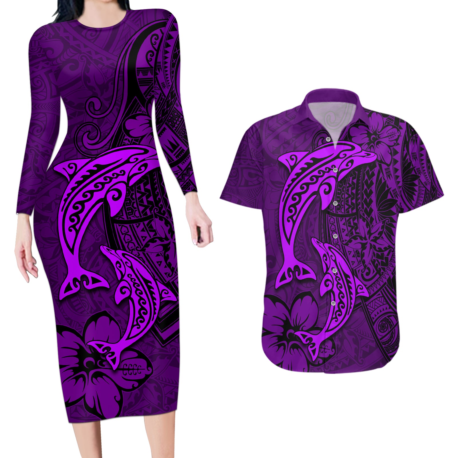 Polynesian Dolphin Valentine Day Couples Matching Long Sleeve Bodycon Dress and Hawaiian Shirt Hibiscus and Tribal Tattoo Purple Style LT03 Purple - Polynesian Pride