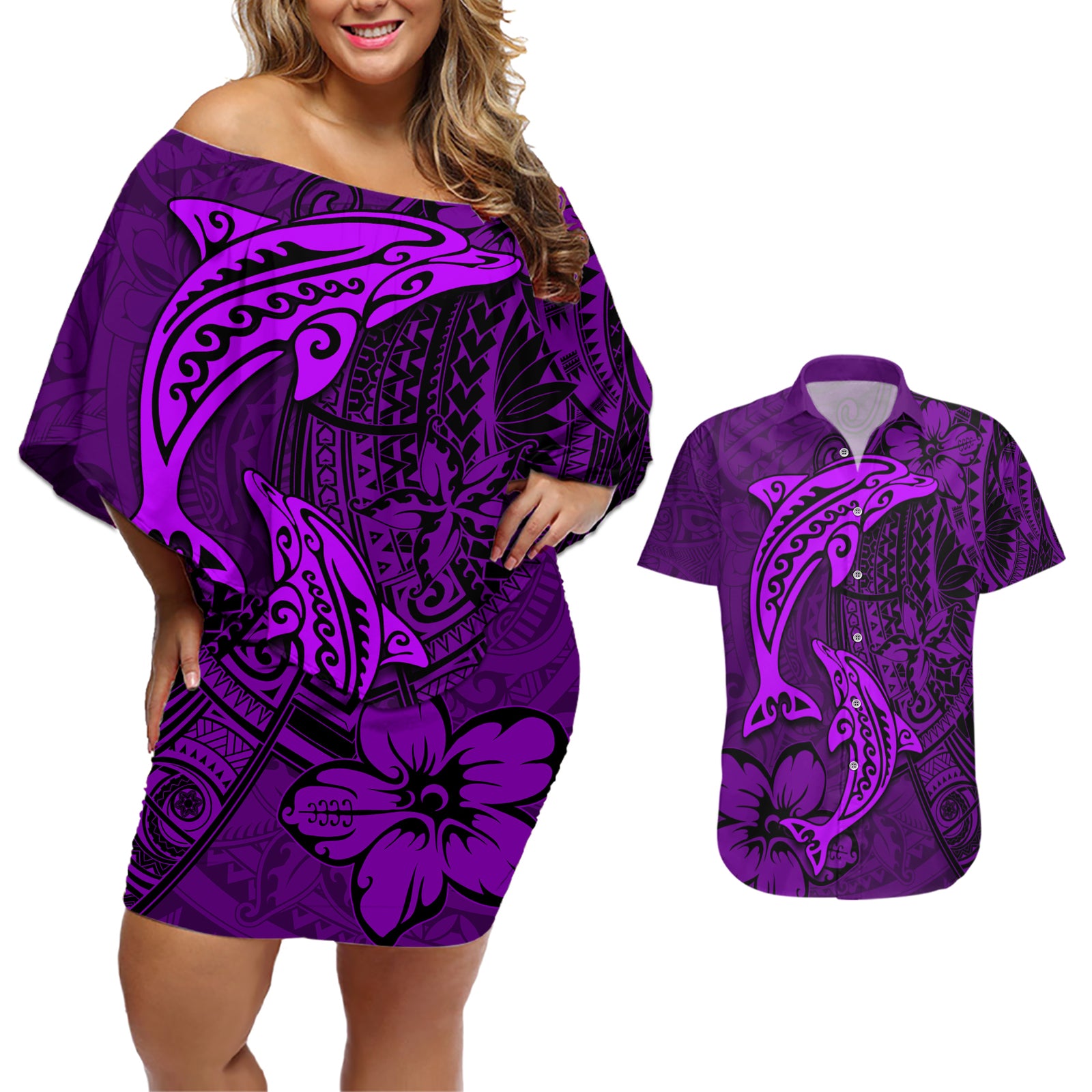 Polynesian Dolphin Valentine Day Couples Matching Off Shoulder Short Dress and Hawaiian Shirt Hibiscus and Tribal Tattoo Purple Style LT03 Purple - Polynesian Pride