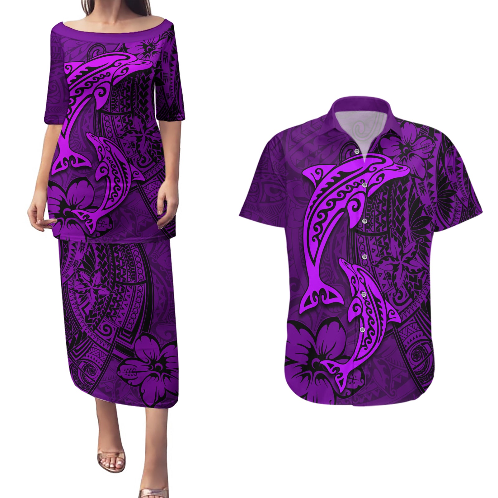 Polynesian Dolphin Valentine Day Couples Matching Puletasi and Hawaiian Shirt Hibiscus and Tribal Tattoo Purple Style LT03 Purple - Polynesian Pride