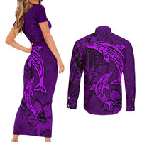 Polynesian Dolphin Valentine Day Couples Matching Short Sleeve Bodycon Dress and Long Sleeve Button Shirt Hibiscus and Tribal Tattoo Purple Style LT03 - Polynesian Pride
