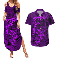 Polynesian Dolphin Valentine Day Couples Matching Summer Maxi Dress and Hawaiian Shirt Hibiscus and Tribal Tattoo Purple Style LT03 Purple - Polynesian Pride