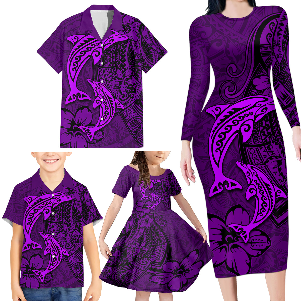 Polynesian Dolphin Valentine Day Family Matching Long Sleeve Bodycon Dress and Hawaiian Shirt Hibiscus and Tribal Tattoo Purple Style LT03 - Polynesian Pride