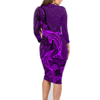 Polynesian Dolphin Valentine Day Family Matching Long Sleeve Bodycon Dress and Hawaiian Shirt Hibiscus and Tribal Tattoo Purple Style LT03 - Polynesian Pride