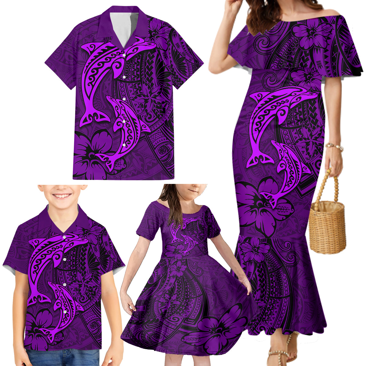 Polynesian Dolphin Valentine Day Family Matching Mermaid Dress and Hawaiian Shirt Hibiscus and Tribal Tattoo Purple Style LT03 - Polynesian Pride