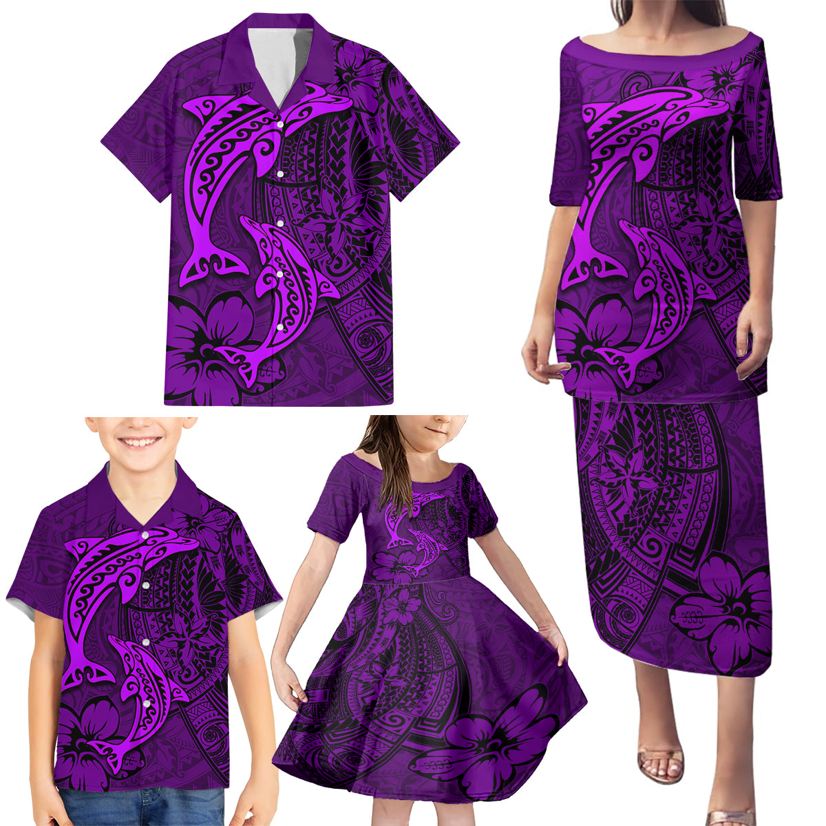 Polynesian Dolphin Valentine Day Family Matching Puletasi and Hawaiian Shirt Hibiscus and Tribal Tattoo Purple Style LT03 - Polynesian Pride