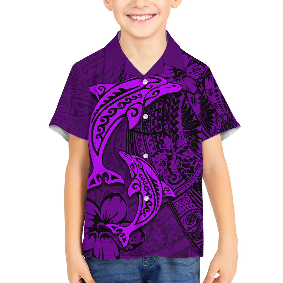 Polynesian Dolphin Valentine Day Family Matching Puletasi and Hawaiian Shirt Hibiscus and Tribal Tattoo Purple Style LT03 Son's Shirt Purple - Polynesian Pride